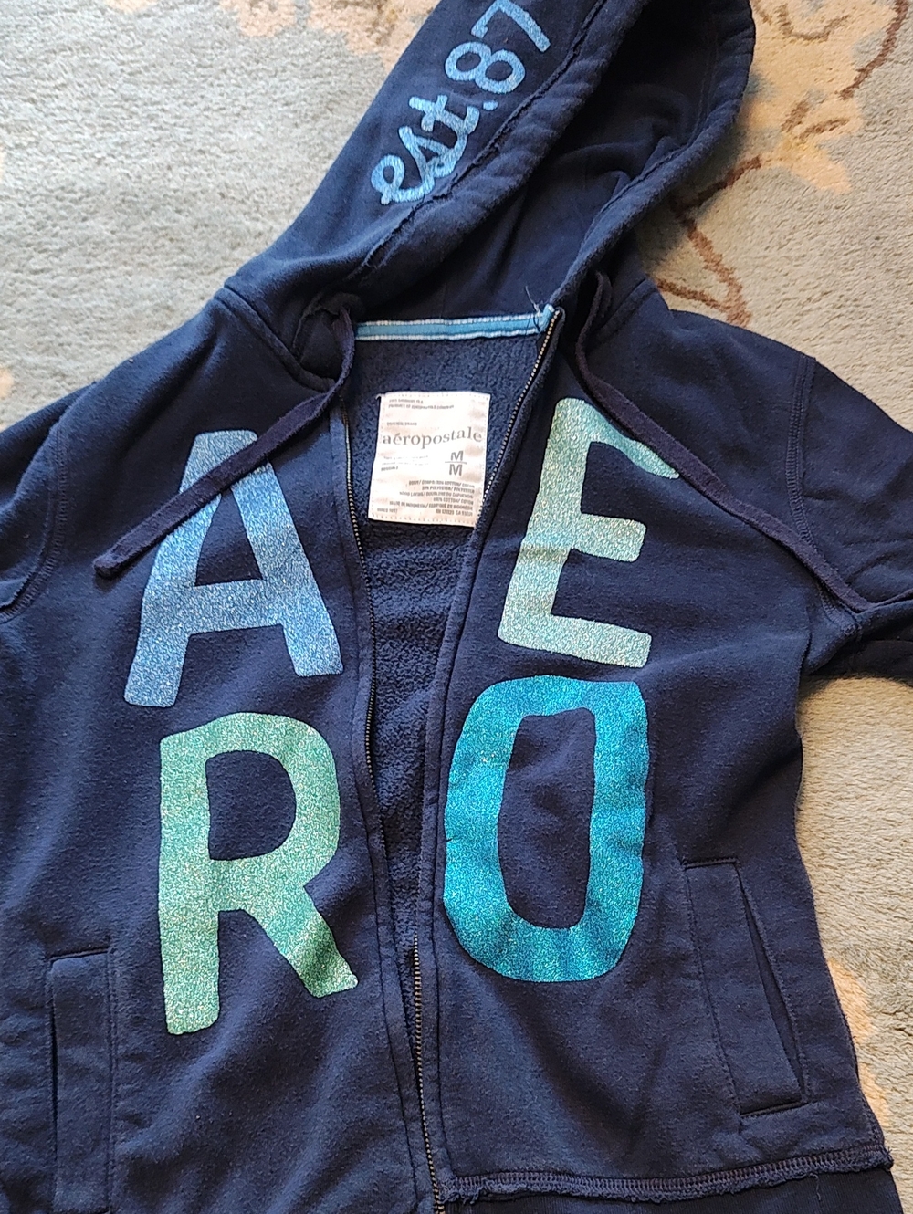 Aeropostale Girls Navy Zip Hoodie with Teal & Aqua Ombre Letters
